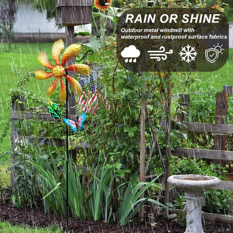 Senflame Metal Outdoor Flower Wind Spinner with Yellow Floral & Blue Butterfly, Decorative Kinetic Wind Sculpture for Yard, Garden, Patio, Lawn - Vibrant Garden Art & Lawn Ornament for Outdoor Decor - Image 5